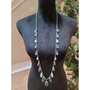 Womens Long Silver Chain Necklace With Blue Teardrop Crystal Charms Lobster Lock